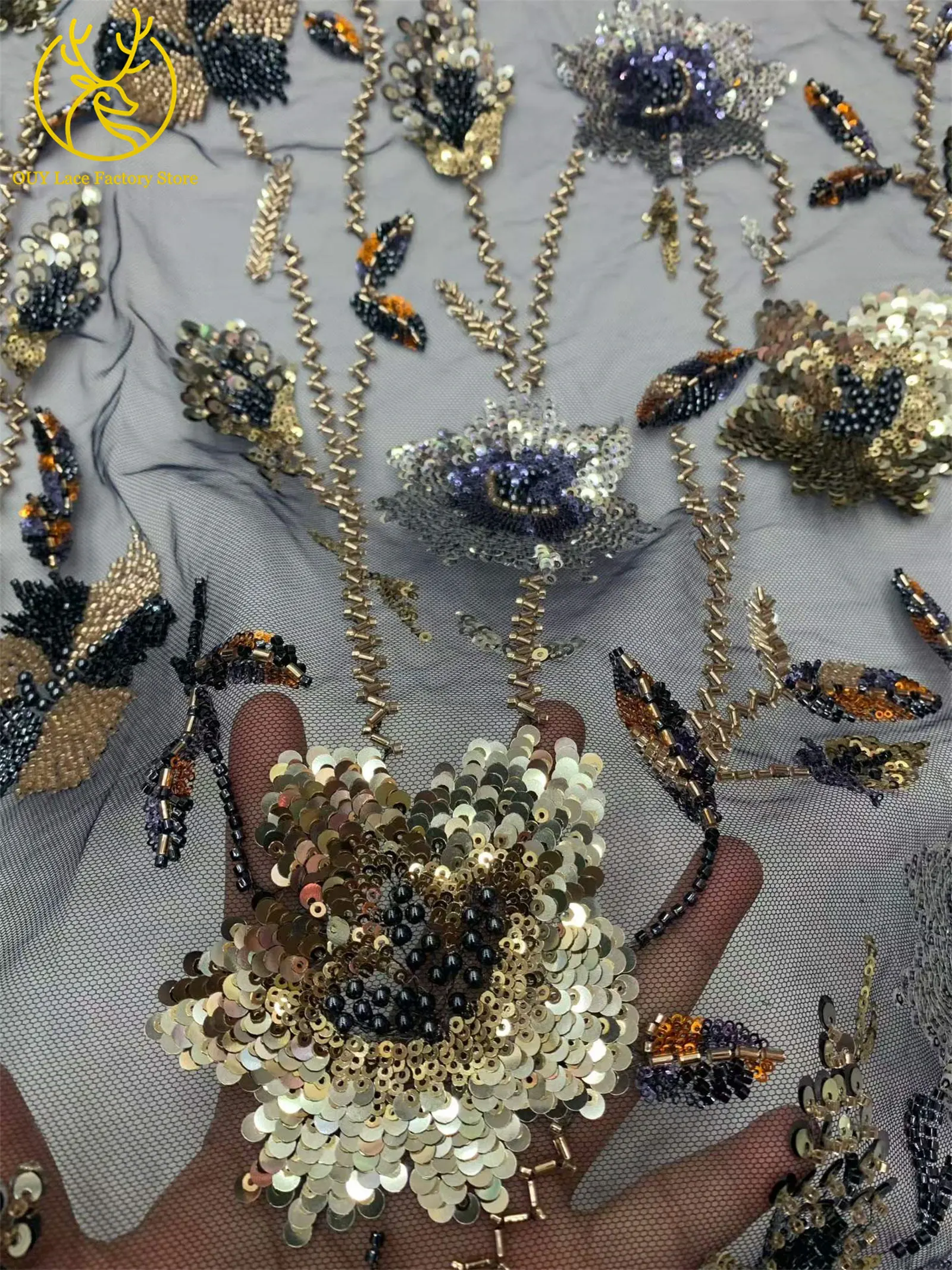 2026 Französische Stickerei Perlenbesetzter Mesh-Spitzenstoff 5 Yards Hochwertiger Afrikanischer Pailletten-Spitzenstoff für Damen Partykleider Nähen – Detail 7