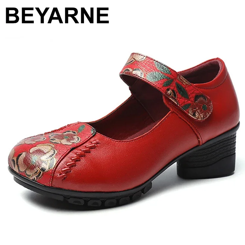 BEYARNE Spring Autumn National Style Women Pumps Flower Printing Round Toe Genuine Leather Women Chunky Heel Shoes Plus Size