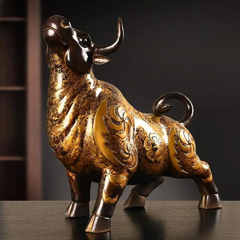 Pure Copper Feng Shui Animal Cow Ornament Painted Home Office Desktop Decorations Cow Power Miniatures