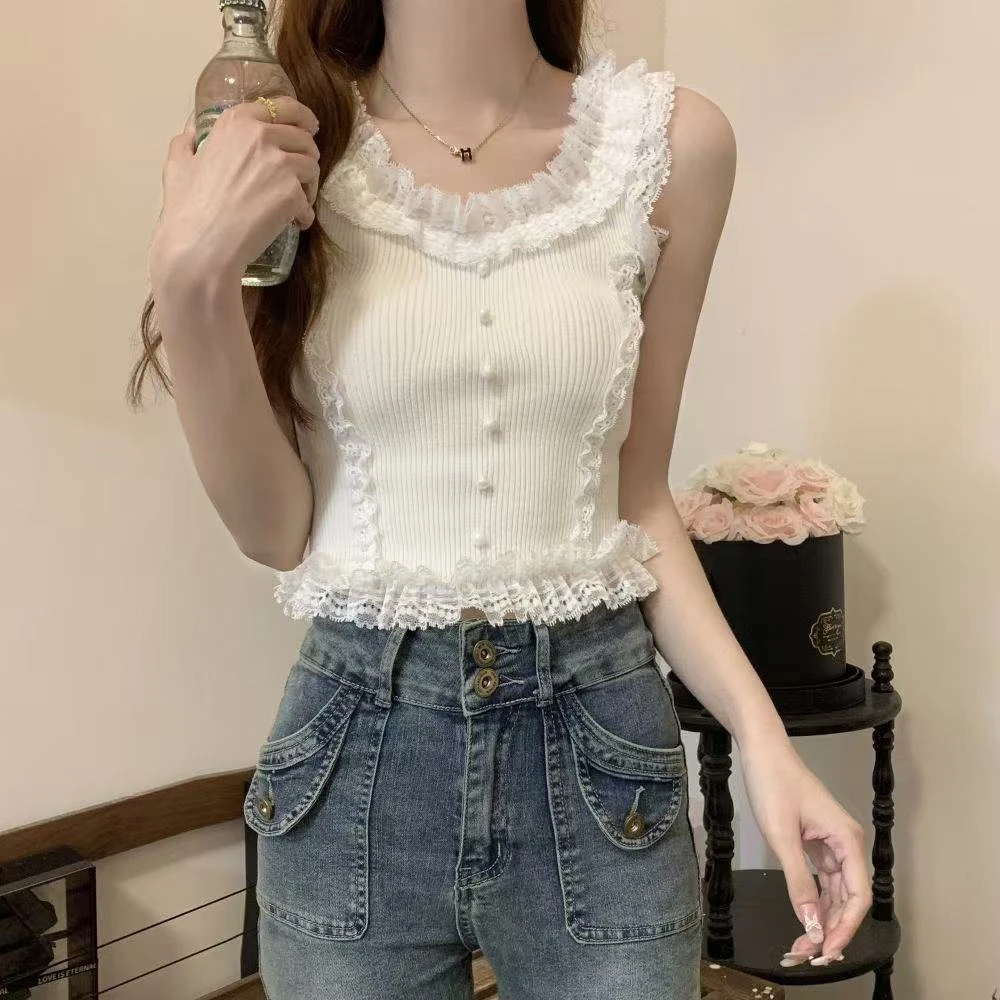 Lace Trim Ribbed Vest | Padded Racerback Camisole | Seamless Slim Fit Top for Layering or Outerwear