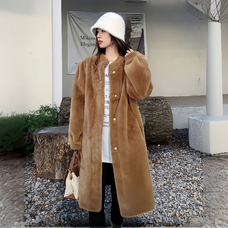 2024 Elegante Lange Faux Rex Konijnenbontjas Dames Winter Warme Pluche Jas Dames Koreaanse Stijl Pluizig Jasje Vrouwen Oversized