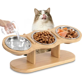 Elevated Cat Bowls Raised Wood Stand Feeder with 3 Stainless Steel Bowls Feeding & Watering Supplies for Puppy Cats Accessories 1