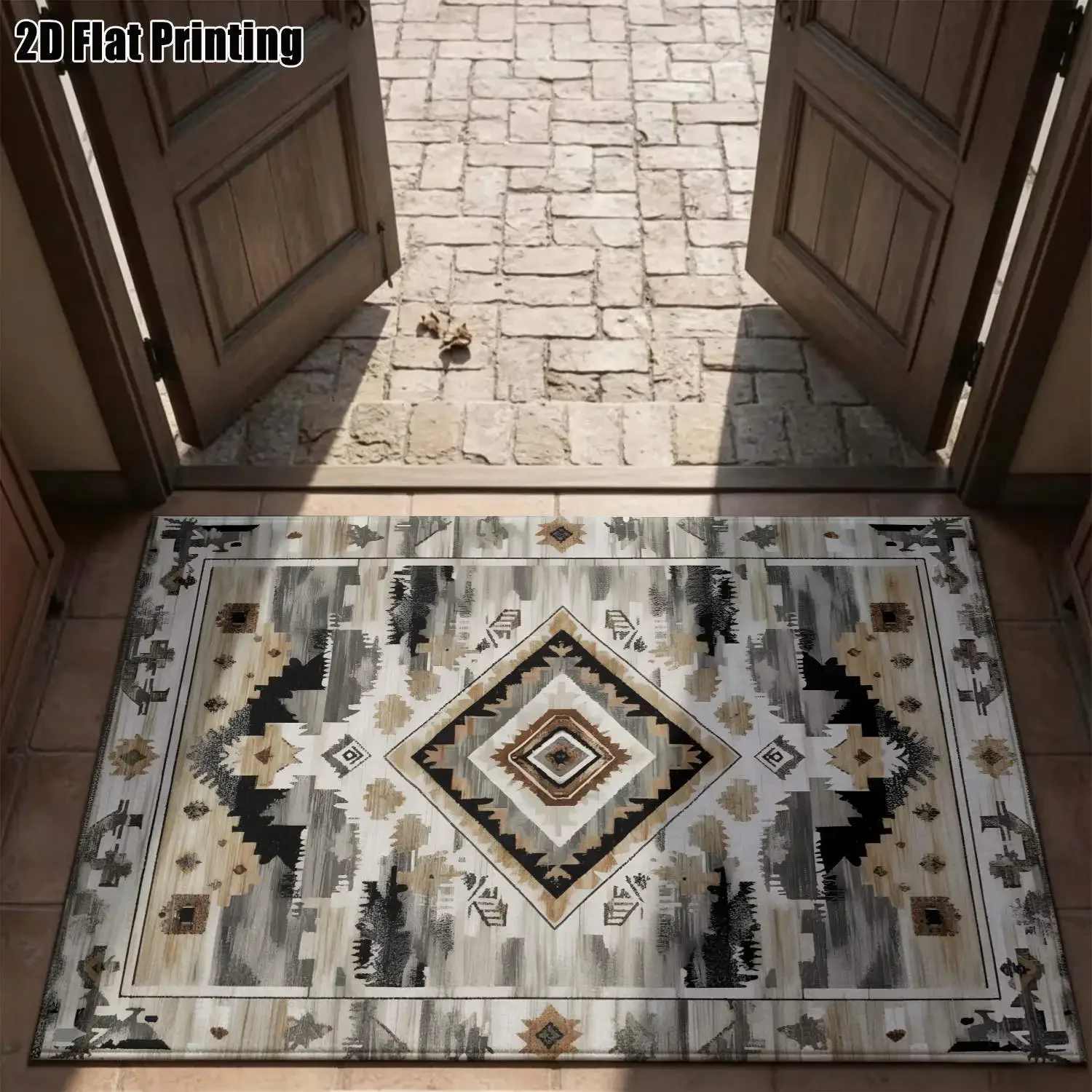 1Pc 2D Printed Gray-Brown Geometric Pattern Carpet, Nordic Retro & Bohemian Doormat, Home Decor, Multi-Size, Machine Washable, f
