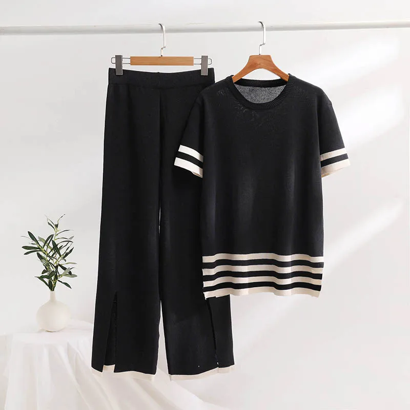 Casual Summer 2 Piece Knit Tracksuit Elegant Side Slit Women Knit Pant Suit Short Sleeve Stripe Knitted Two Piece Women Sets