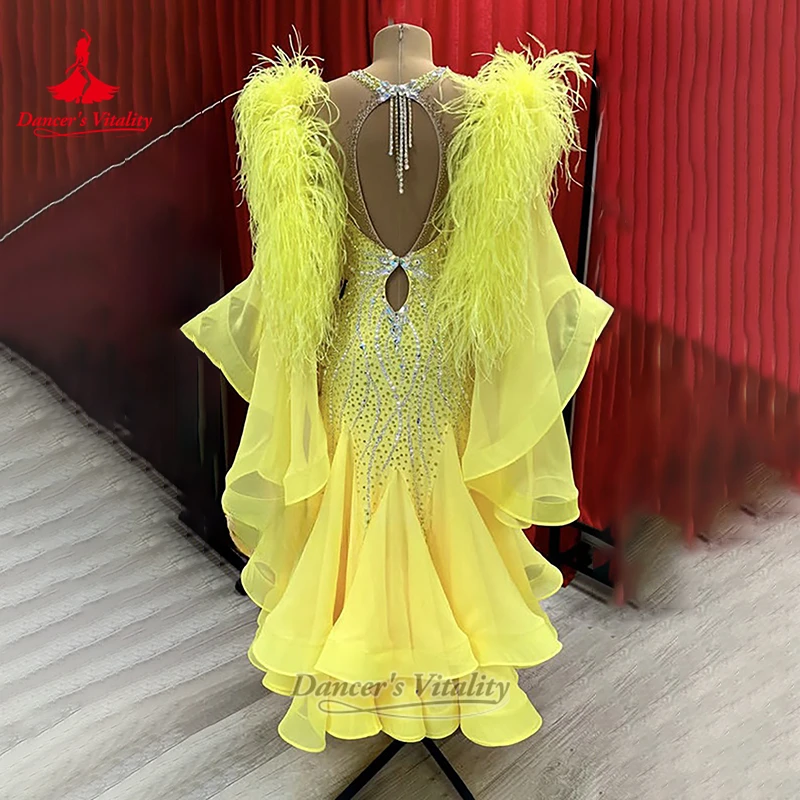 Luxury AB Stones Ballroom Dance Wrapped Hips Dresses Customized Adult Waltz Tango Foxtrot Feather Style Attire Dancer's Vitality