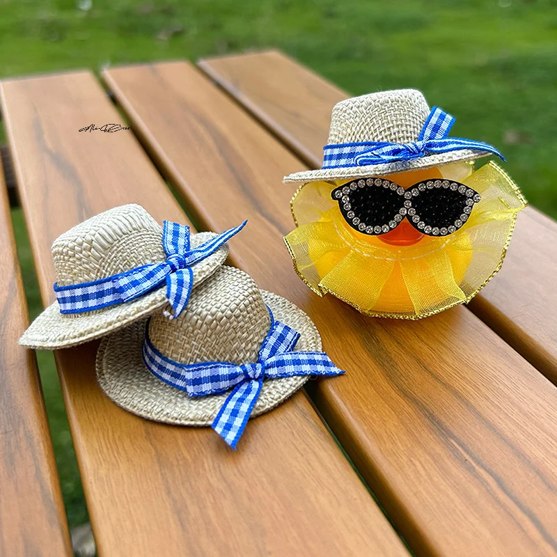 2Pcs Miniature Straw Hat Set for Dolls with Bow Hand Woven Dollhouse Ornament Accessory for Miniature Dollhouses