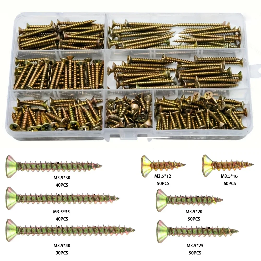 320pcs Wood Screw Kit M3.5 Cross Recessed Fiberboard Screw Zinc Plated Flat Phillips Head Self Tapping Screw for Chipboard