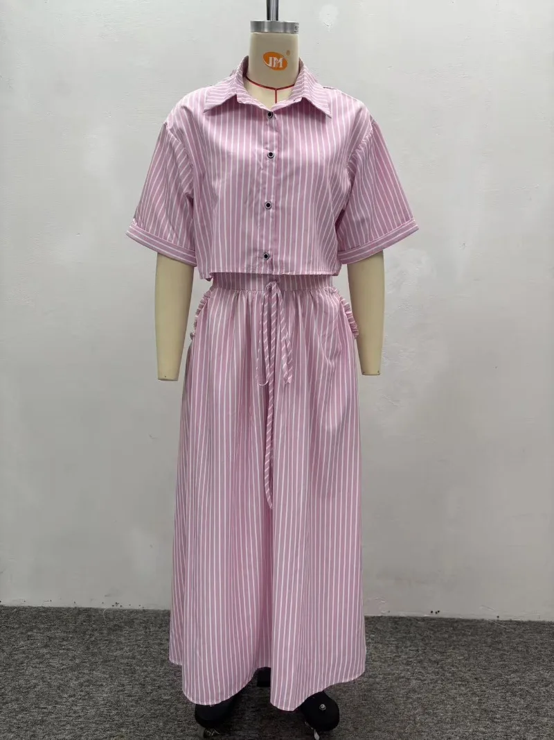 Rosa gestreiftes, lockeres zweiteiliges Set, elegantes Damen-Cropped-Top-Shirt + Midirock, afrikanische Freizeit-Sommeroutfits, Übergröße – Detail 2