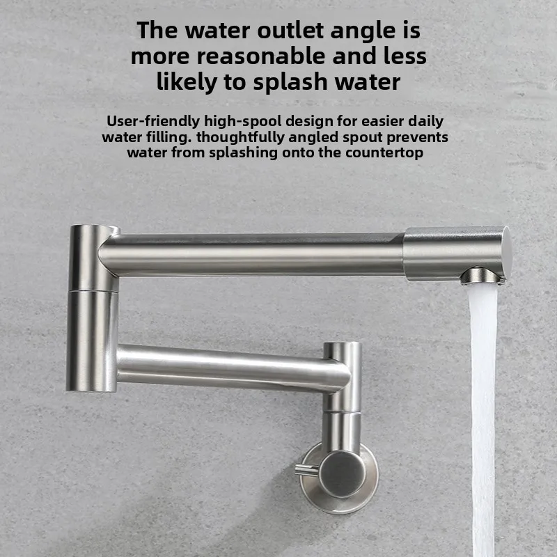 304 Stainless Steel Wall‑in Kitchen Tap Single Cold Fold Long Swing Spout 360° Rotation Wall Mount Faucet for Sink Basin view 6