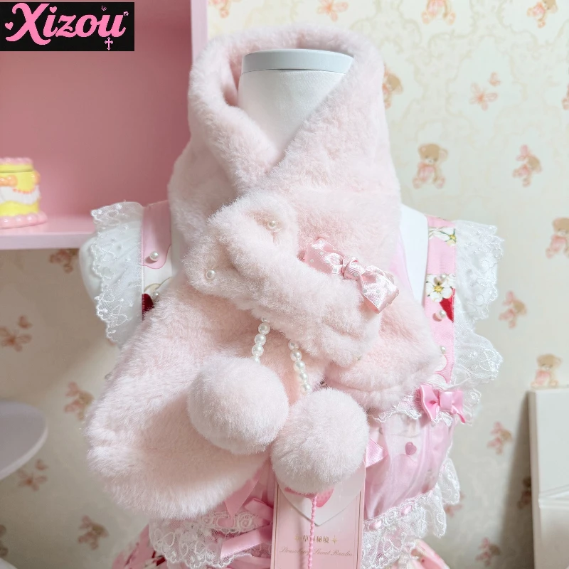 

Kawaii Japanese Original Lolita Handmade Plush Scarf Soft Girl Autumn and Winter Sweet Cute Pink Hairball Bow Warm Scarf Woman