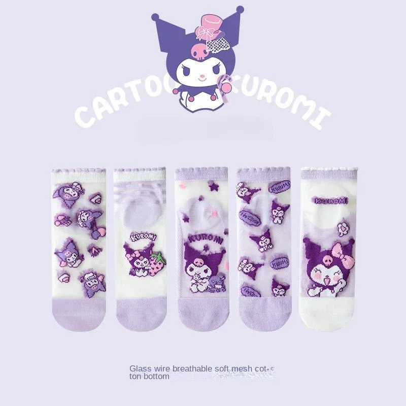 5 pairs Kuromi animationperipherals summer thin children's cotton socks crystal stockings pure cotton breathabl new girls socks