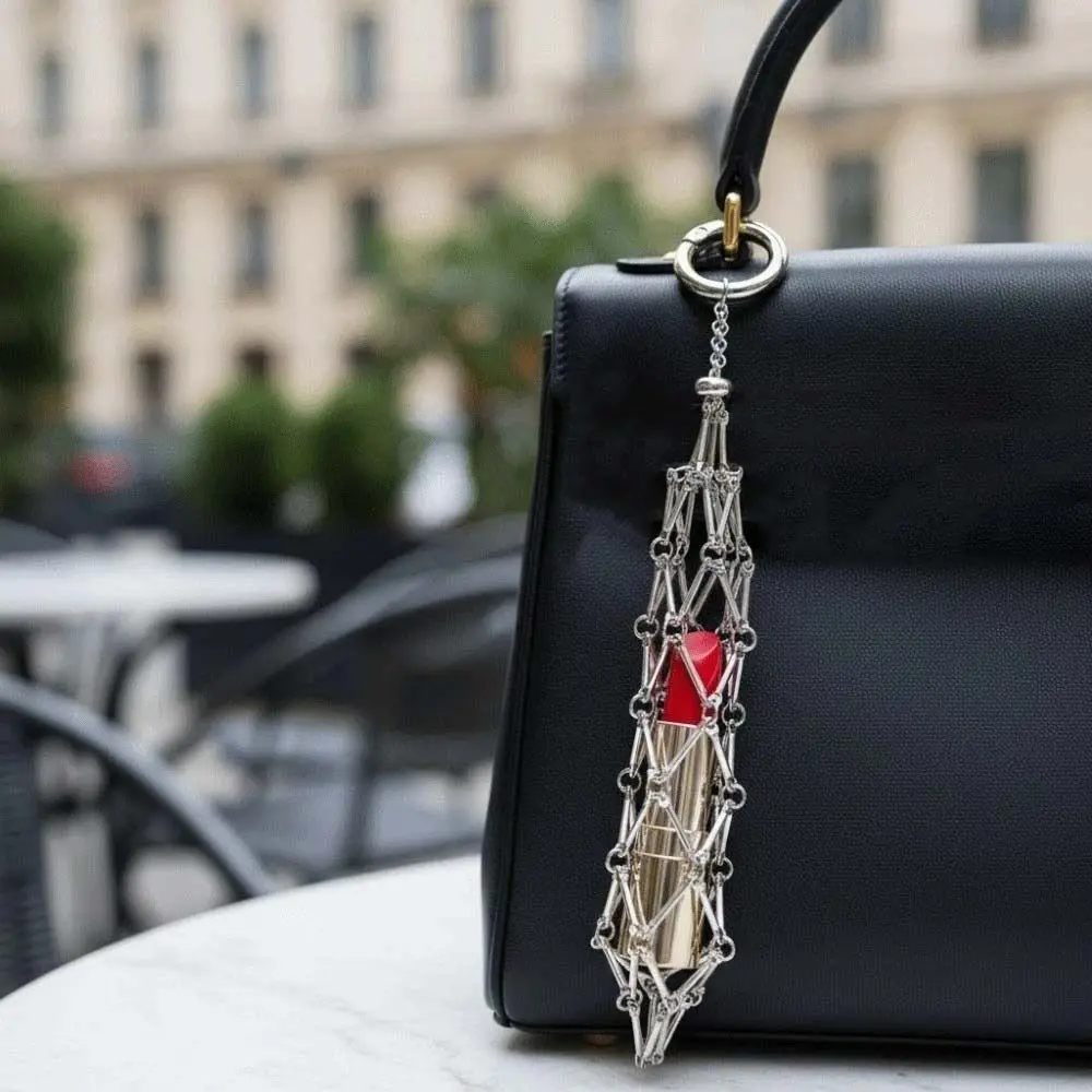 Portable Metal Net Lipstick Bag Hollow Silver Mesh Bag Key Chain Mini Creative Lipstick Cover Key Ring Makeup Storage