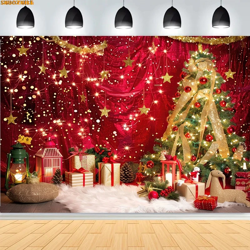 

Christmas Day Wreath Family New Year Party Photography Backdrops Prop Window Living Room Xmas Tree Gift Snow Background BV-06