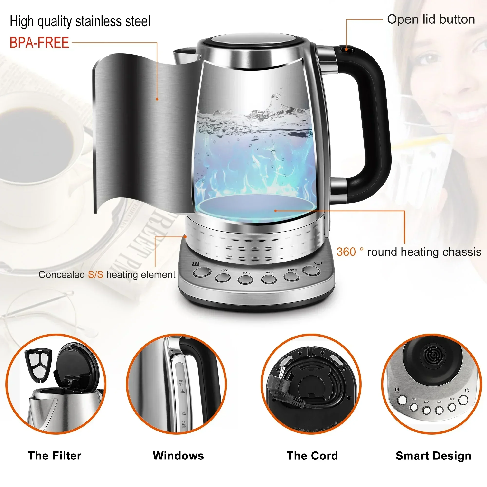 1.7L Electric Kettle Tea Coffee Thermo Pot Appliances Kitchen Smart Kettle With Temperature Control Keep-Warm Function Sonifer