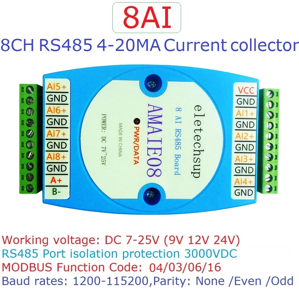 AMAIE08 8CH 4-20MA/0-20MA To RS485 Current Collector Module MODBUS RTU Board For Shunt Hall fluxgate Pressure Sensor