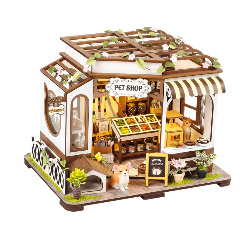 DIY Wooden Miniature Model Kit Pet Shop Cottage 3D Puzzle Building Dollhouse With Furniture Lights Home Decor for Friends Gifts