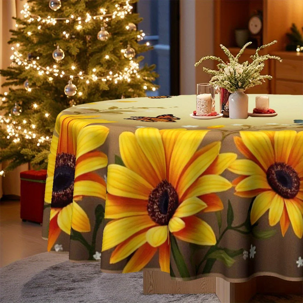 【2D】 Flat banner, 1 piece - Circular tablecloth with sunflower and butterfly patterns - Mustard yellowxzj
