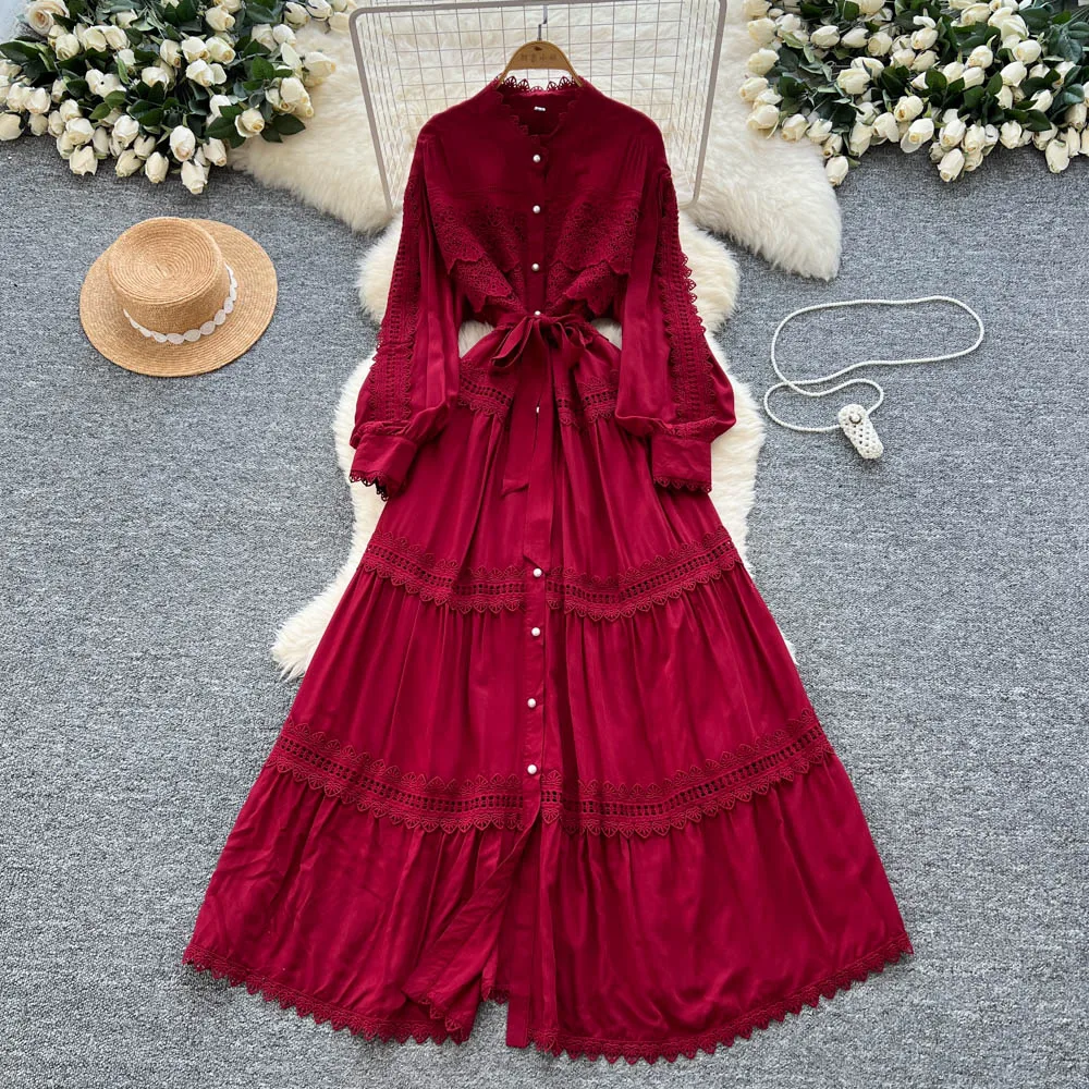 Sexy lange mouw haak bloem holle knop jurk chique vintage avondfeest club vrouwen chique zomer strand lange jurken