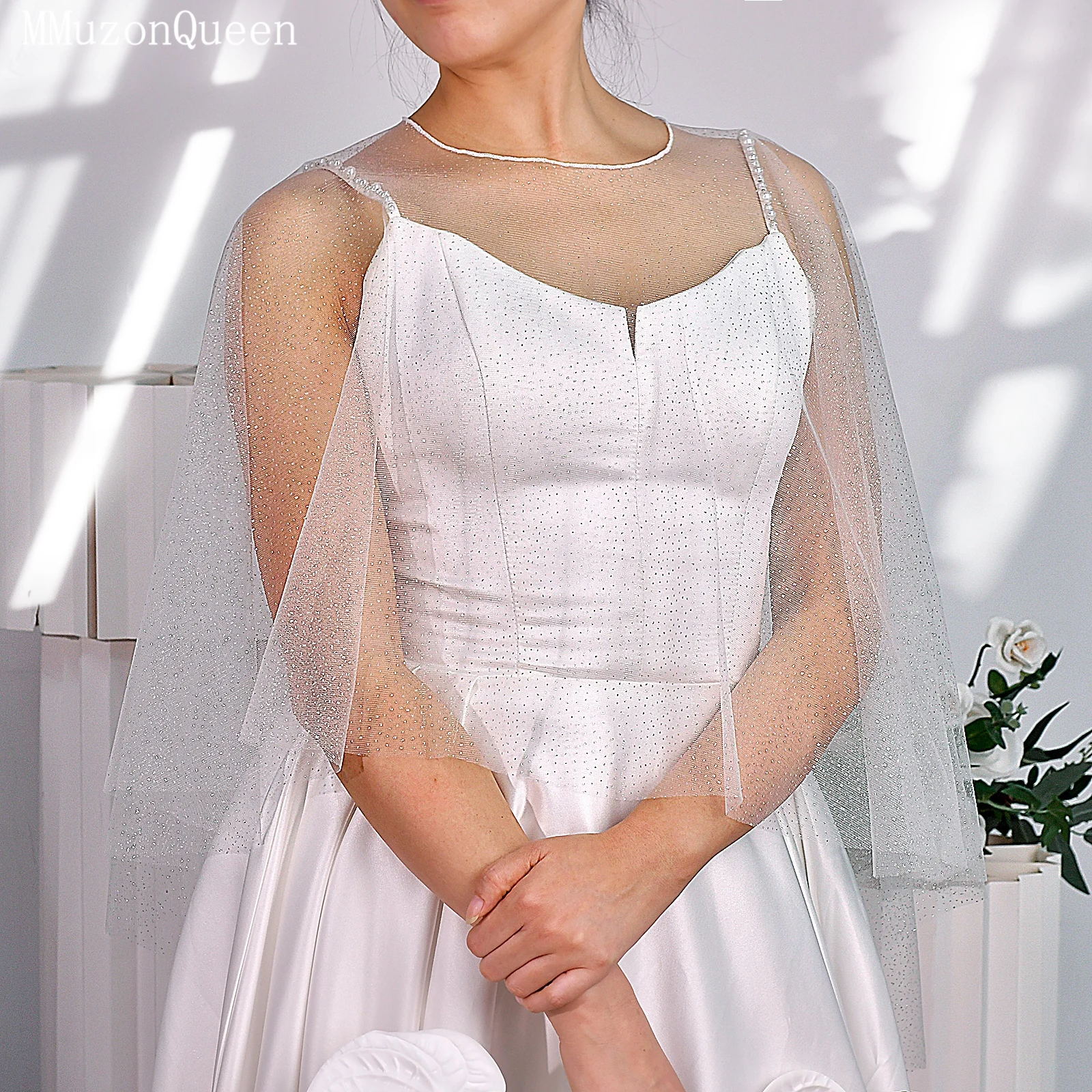 TOPQUEEN Sparking Bridal Wraps Veil Wedding Shawl Front Short and Back Long Elegant Jackets Wedding DIY Woman Gothic Bolero VG75