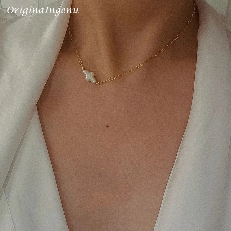 14K Gold Filled Cross Choker Natural Pearl Necklace Handmade Paperclip Chain Necklace Pendants Tarnish Resistant Jewelry