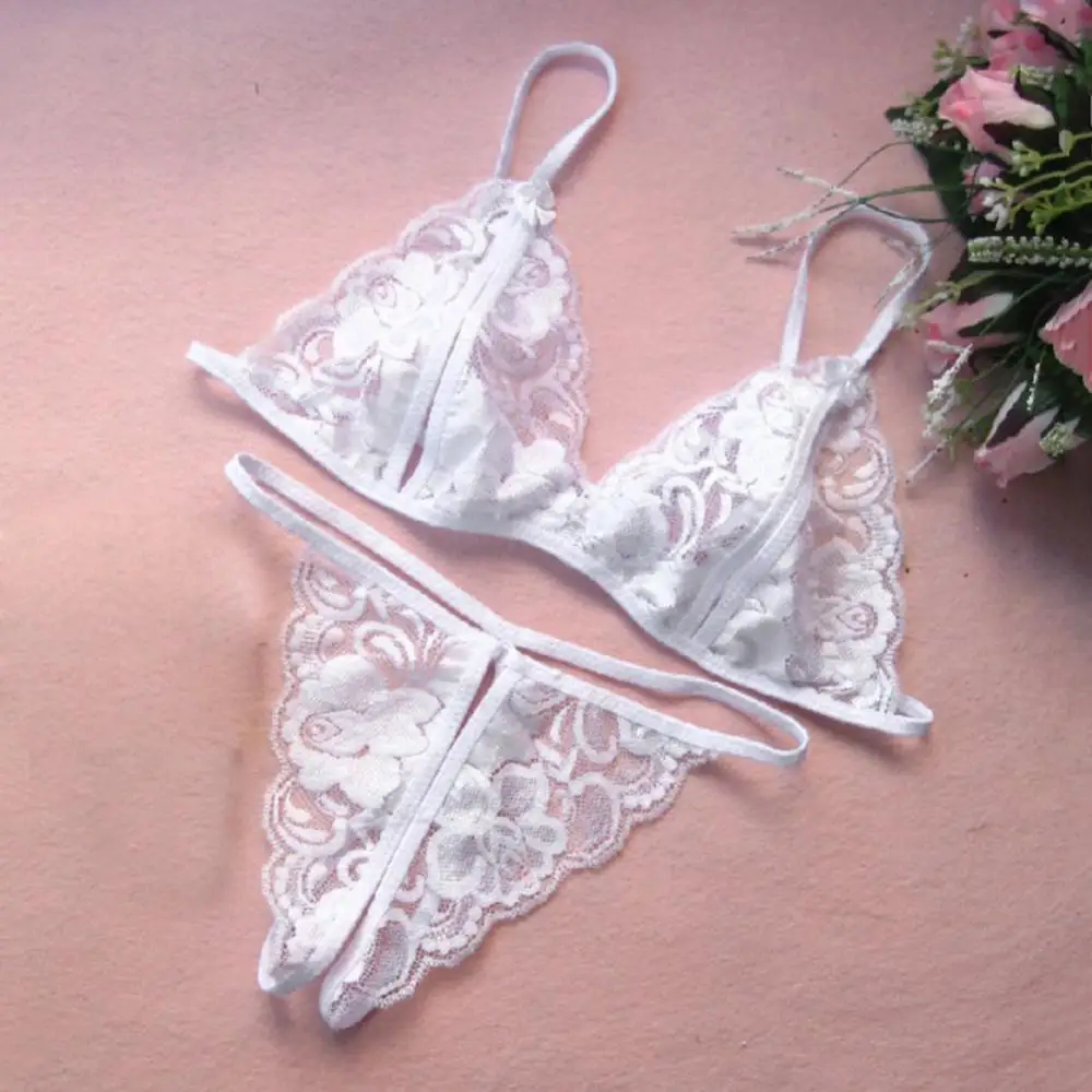 Erotic Women Underwear Set Lace See Through Triangle Cup Bra Open Crotch Briefs Sexy Lingerie Transparent Open File Milk Lace