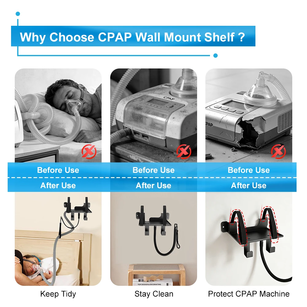 CPAP Wall Mount Shelf Compatible with S10/S11 Bedside Organizer with Adjustable Angle CPAP Hose Holder & Hook for CPAP Mask Tube