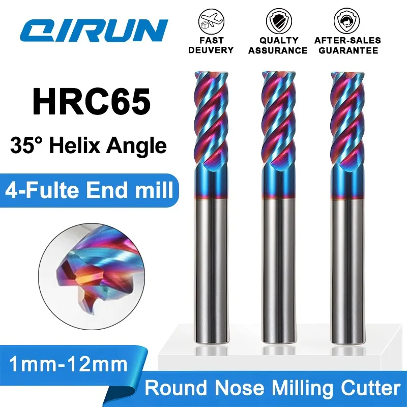 

QIRUN HRC65 4-F Carbide End Mill, round-nose tungsten steel milling cutter, CNC machining tool, carbide bull nose milling cutter