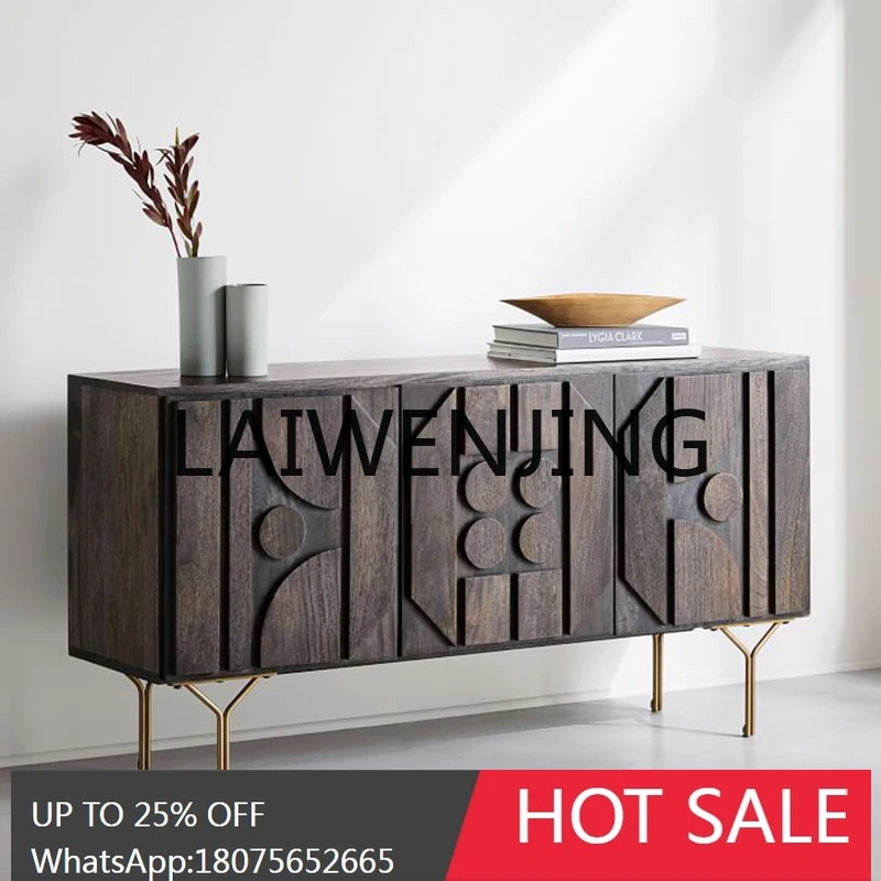 Nordic Retro Solid Wood TV Cabinet Geometric Carved Sideboard Cabinet Living Room Storage Cabinet Customizable