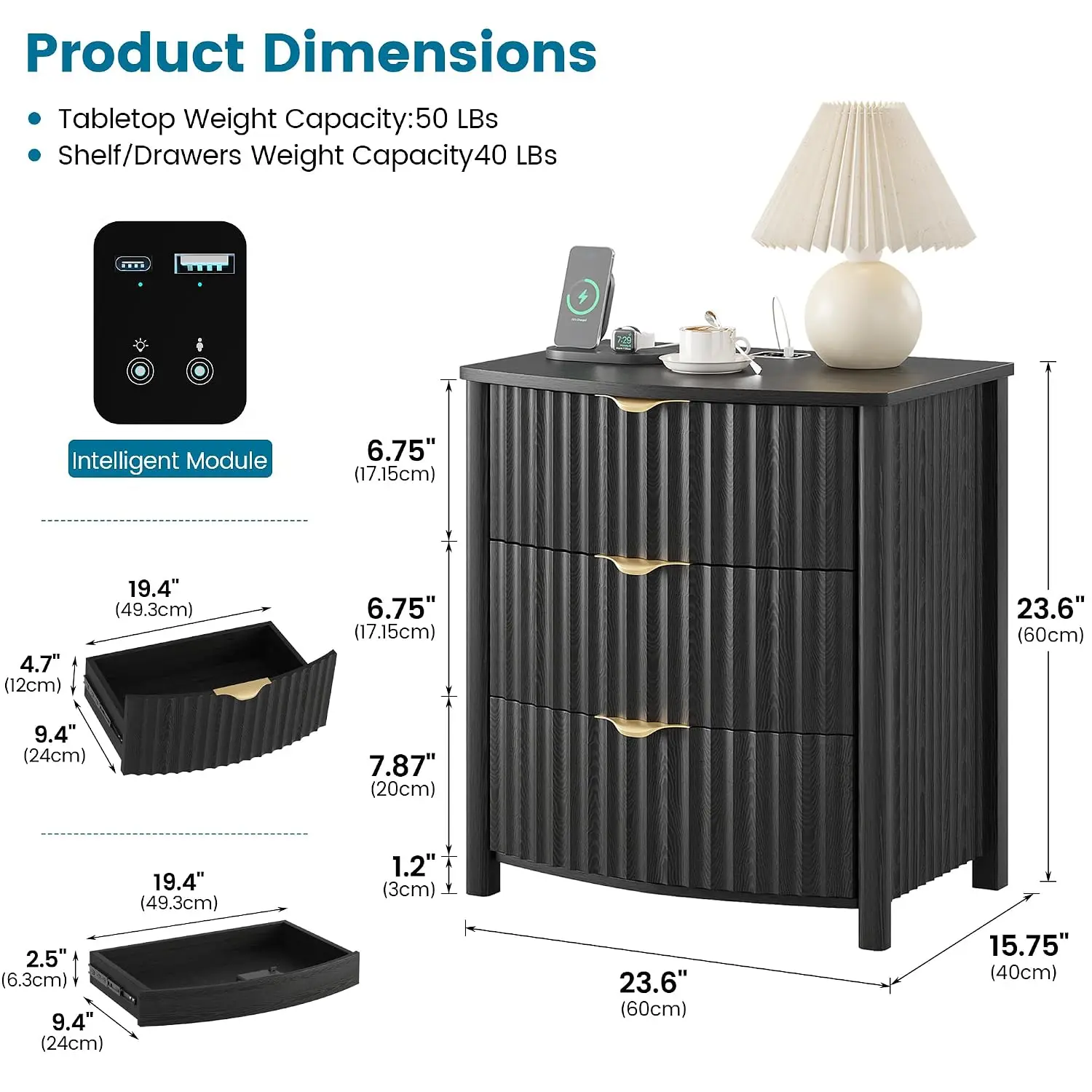 Fluted Nightstand with Hidden Lock Gun Drawer, LED Motion Sensor Light, USB & Type-C Charging Station, 3 Drawers, Customized