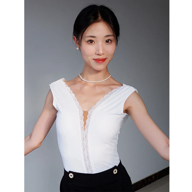 2024 Women Ballroom Dance Clothes WHite Black Lace V Neck Tops Sleeveless Leotards Latin Dance Practice Clothing Summer DNV20761