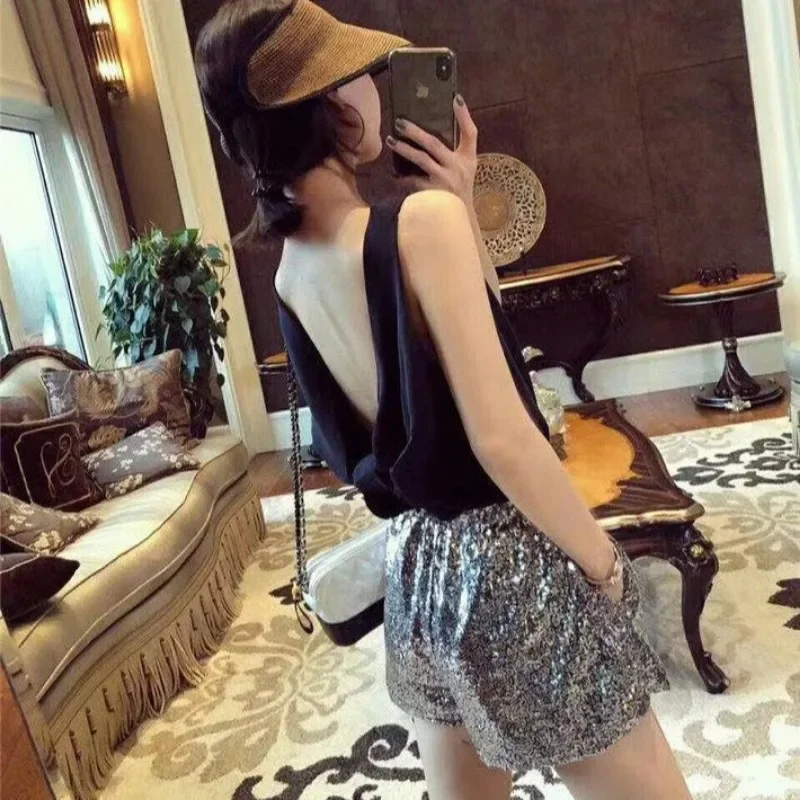 와이드 여성 반바지 스팽글 높은 허리 라인 석 우아한 젊은 저렴한 의상 착용 도매 여성 짧은 바지