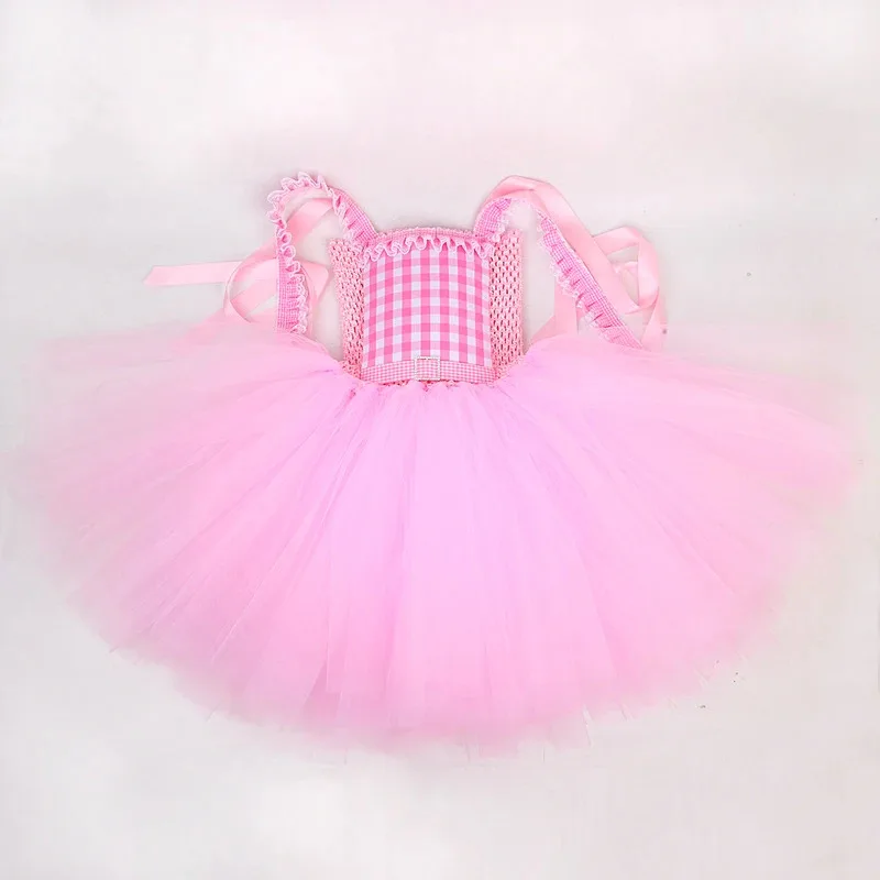 Vestido tutú de ballet Barbi a cuadros de color rosa para niñas, disfraces de fiesta de cumpleaños para niños, traje de princesa de Navidad y Año Nuevo con lazo