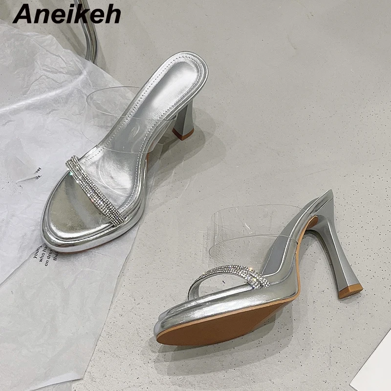 

Aneikeh Women Crystal Mixed Colors PVC Thick Sole High Heel Sandals 2024 Fashion Open Toe Hoes Wedding Dress 34-39