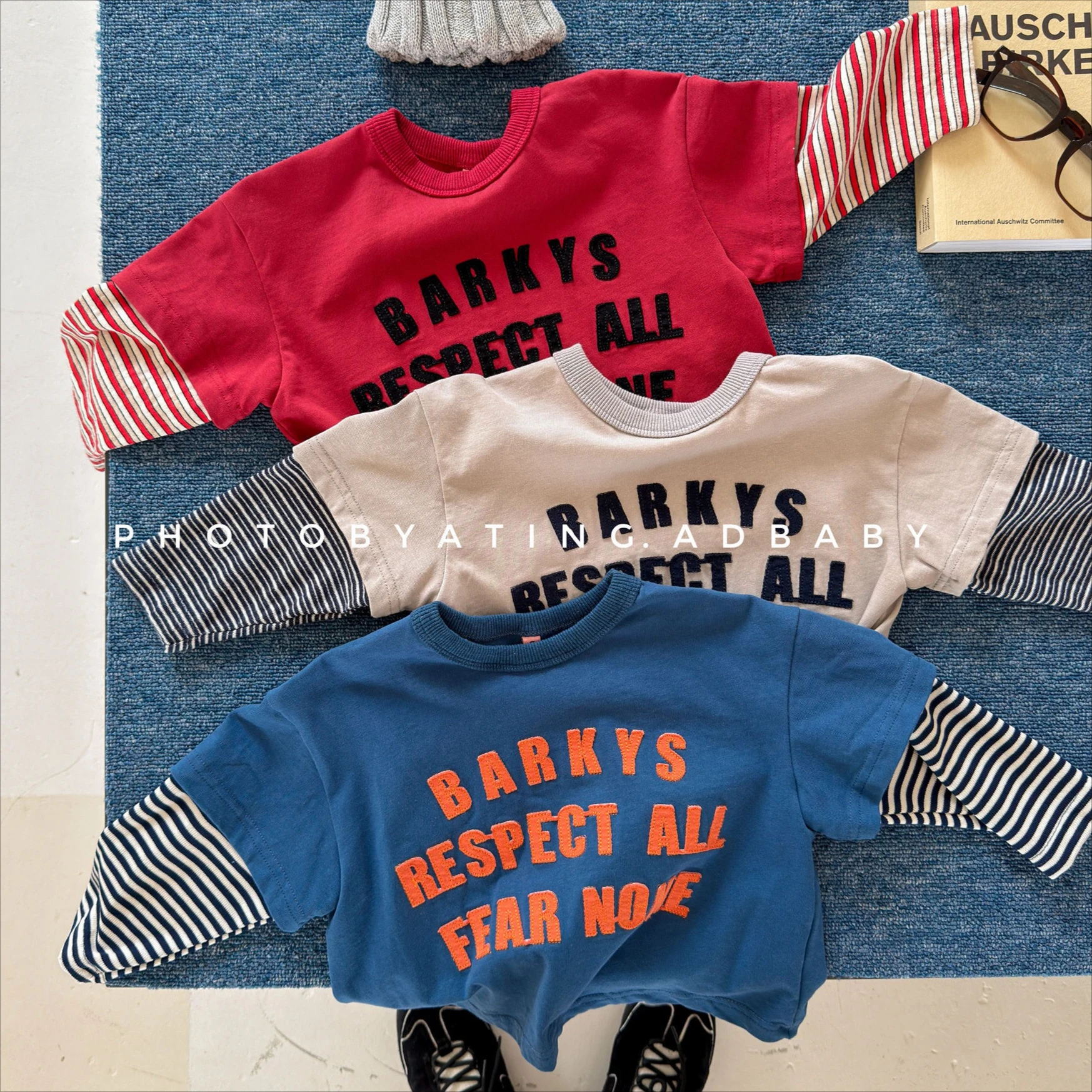 Boys T-shirt 2026 Spring and Autumn New Children's Clothing Korean Style Boys and Girls Striped Sleeve Splicing Letter T-shirt