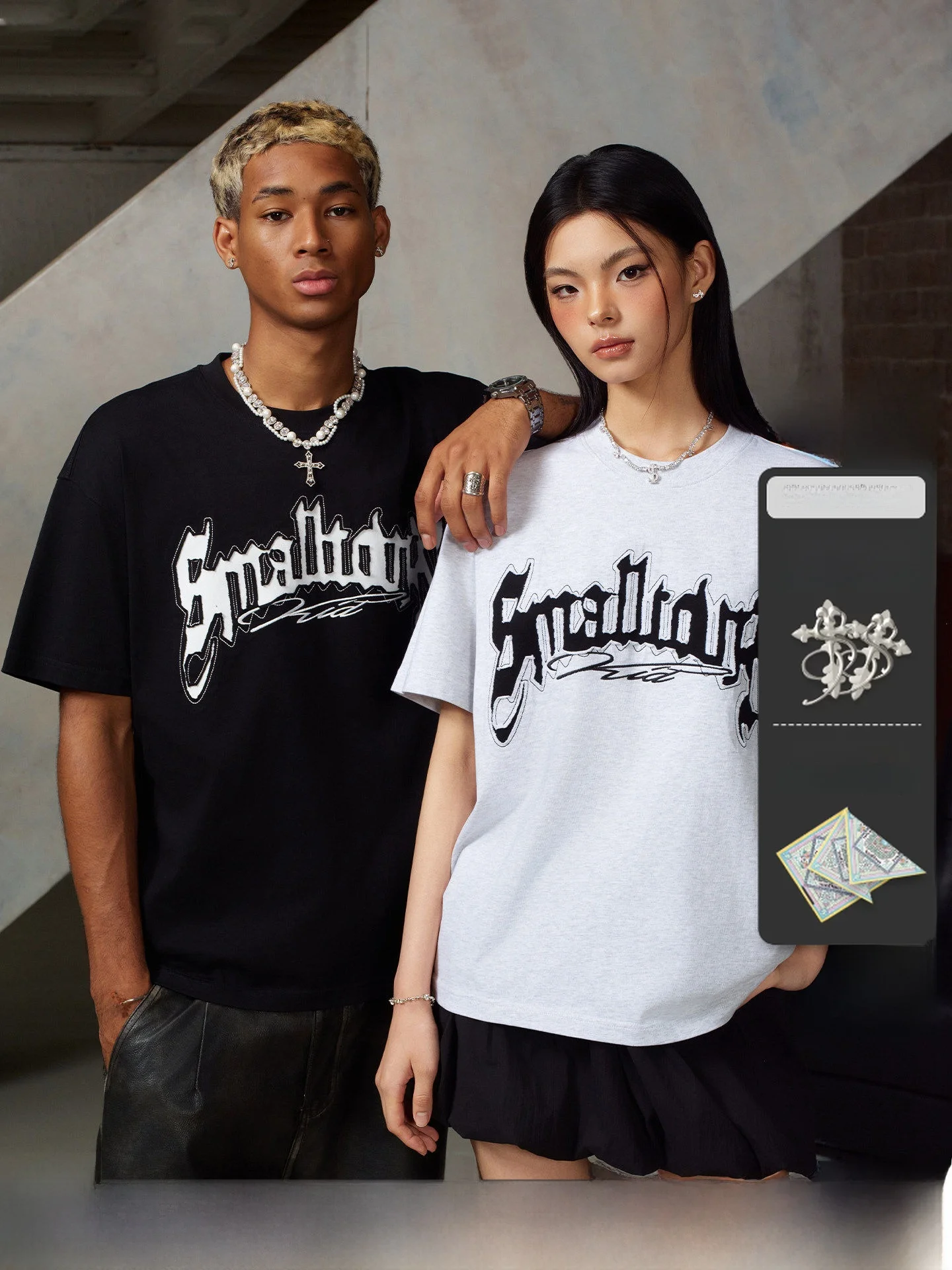 Gothic Arc Hollow Patchwork Short Sleeve T-Shirt American Retro Letter Print Trendy Brand STK SmallTownKid Loose Fit Knitted