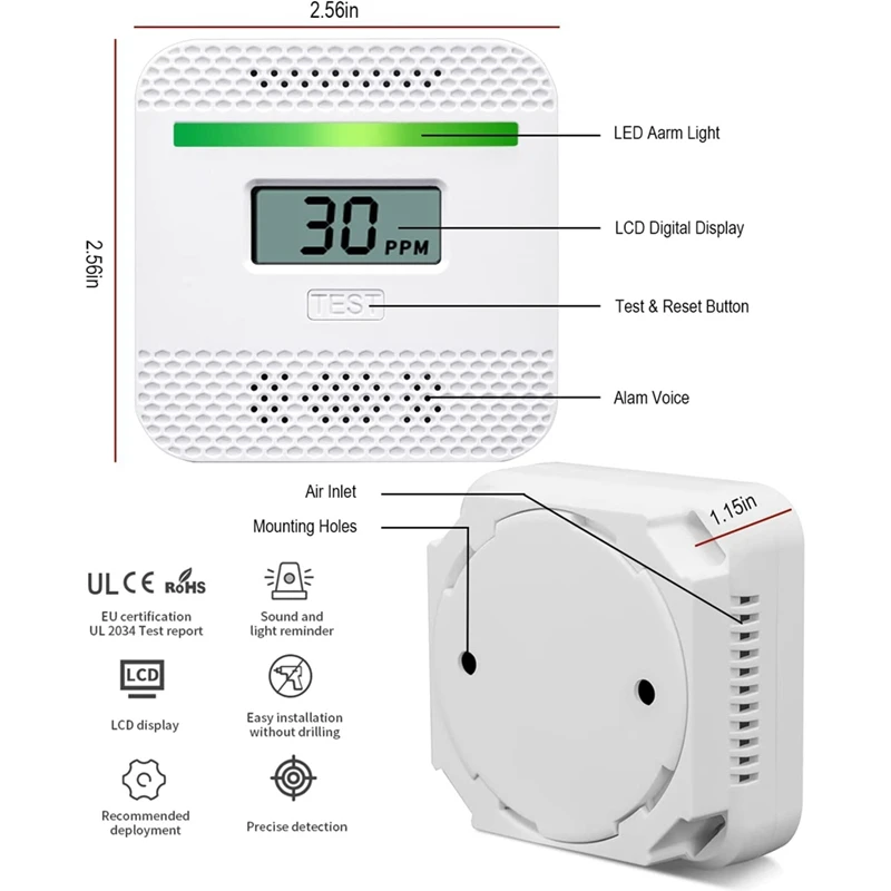 1 pces detectores de monóxido de carbono do alarme do monóxido de carbono com display digital lcd branco para a casa de viagem, alimentado por bateria