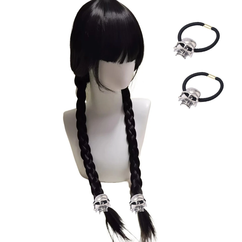 Cosplay Wigs Long Black Braids Hair Heat Resistant Synthetic Wigs Bangs Halloween Party Bangs Pigtails Long Black Braids