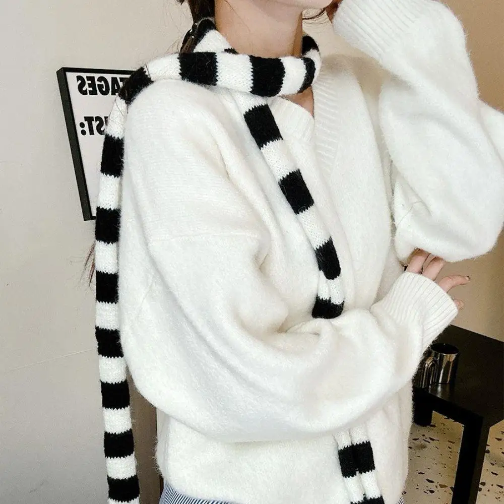 Y2k أسود رمادي شريط الأوشحة الطويلة النساء Harajuku القطن والأوشحة أبيض وأسود مخطط وشاح رقيقة طويلة الزخرفية منديل