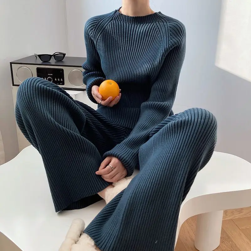 Autumn and Winter Fashion Socialite Professional Suit Women's Retro Knitted Sweater Wide Leg Pants Two-piece Set