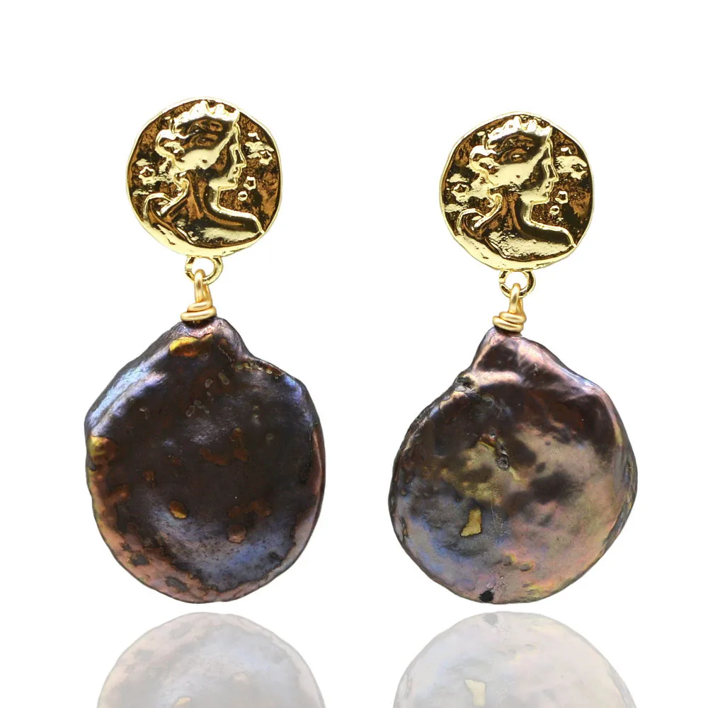 

Black Baroque Pearl Drop Earrings Disc Shape Natural Pearl Pendant Gold Coin Shape Fashion Women's Earrings