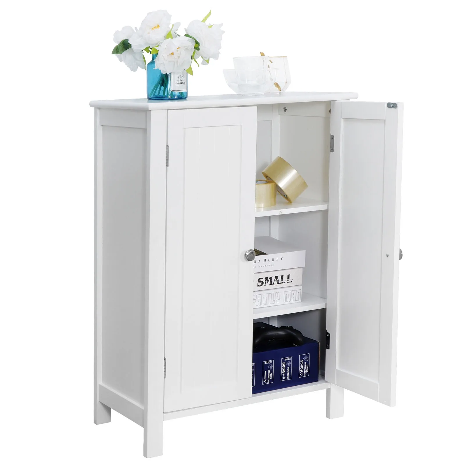 

White Wooden Bathroom Floor Cabinet Storage Cupboard 3 Shelves Free Standing United States