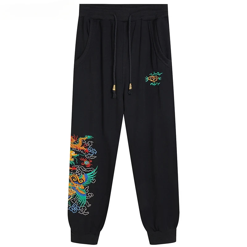 

Men's Black Trousers Jogger Hip Hop Casual Pants Fashion Sports Sweatpants 2025 Chinese Style Dragon Embroidery Pants