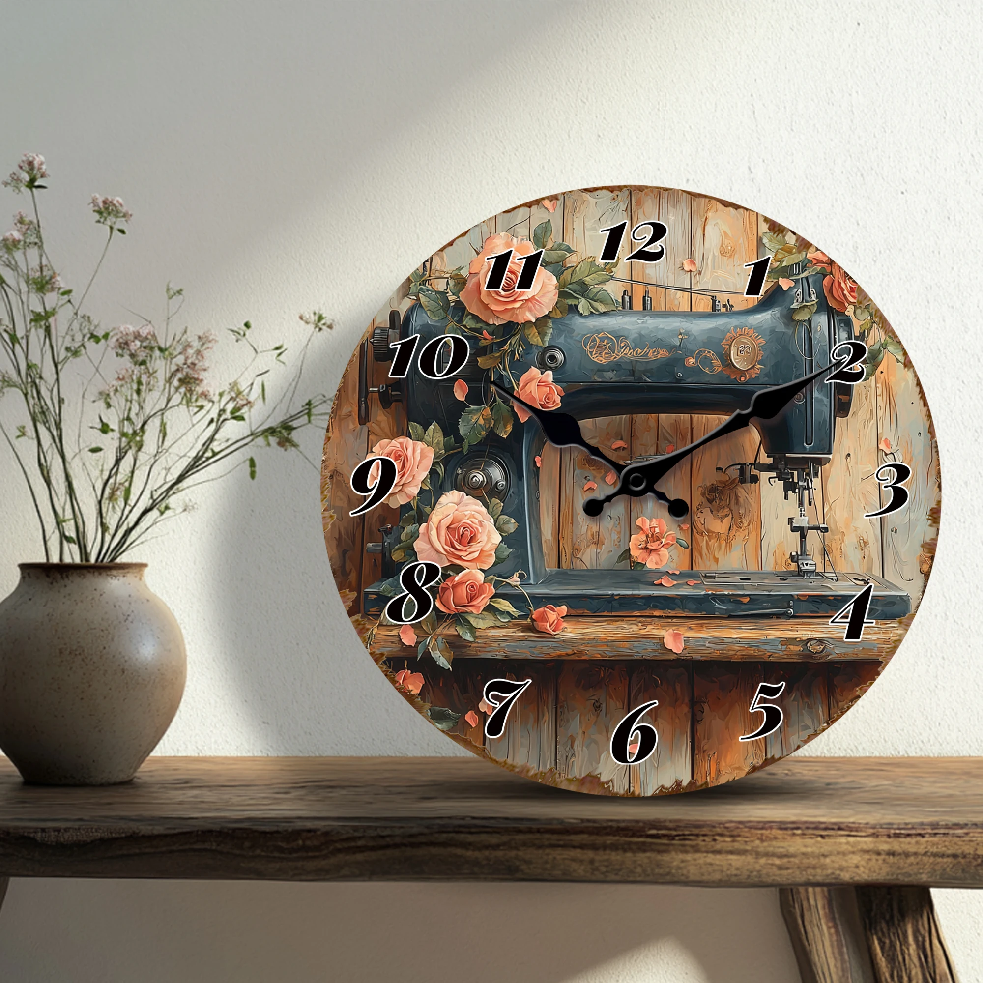 Vintage Sewing Machine with Roses Round Wall Clock - Retro Craft Decorative Timepiece with Floral Elegance