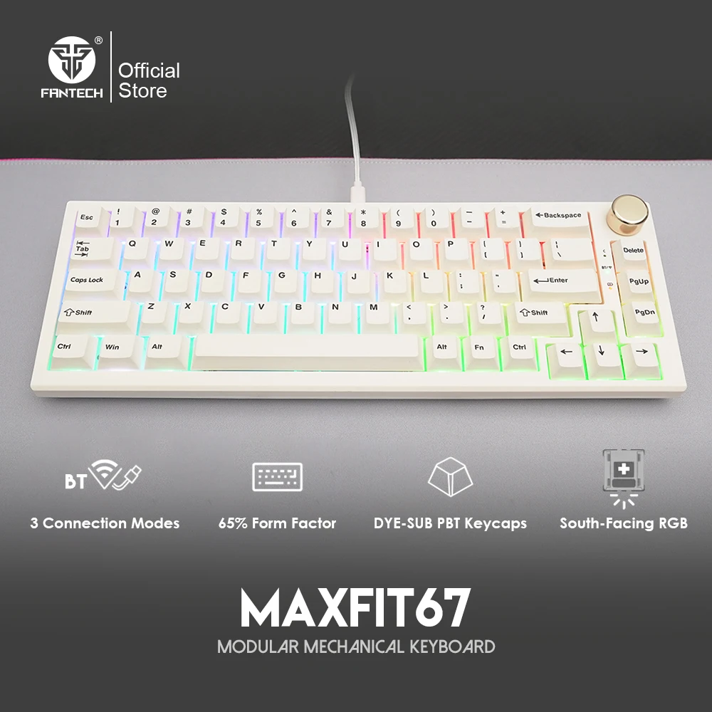 Fantech MAXFIT67 미니 기계식 키보드, 유선 및 블루투스 5.0, 무선 핫 스왑 및 PBT 65% 키보드, 키보드 게이머용