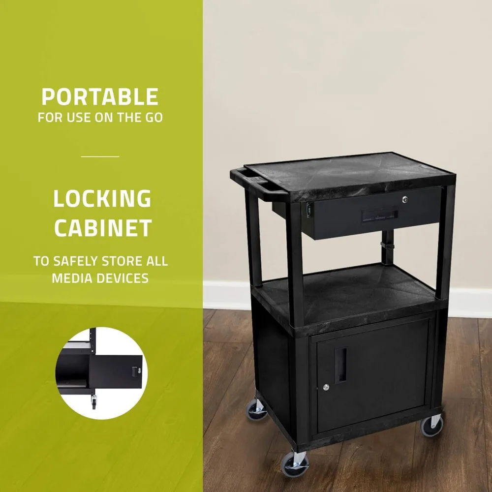 LUXOR WT42C2E-B/WTD Carro AV de 42 H - Cajón de cabina de 3 estantes - Negro, 4 ruedas con rodamiento de bolas con dos frenos de bloqueo, Sto multiusos