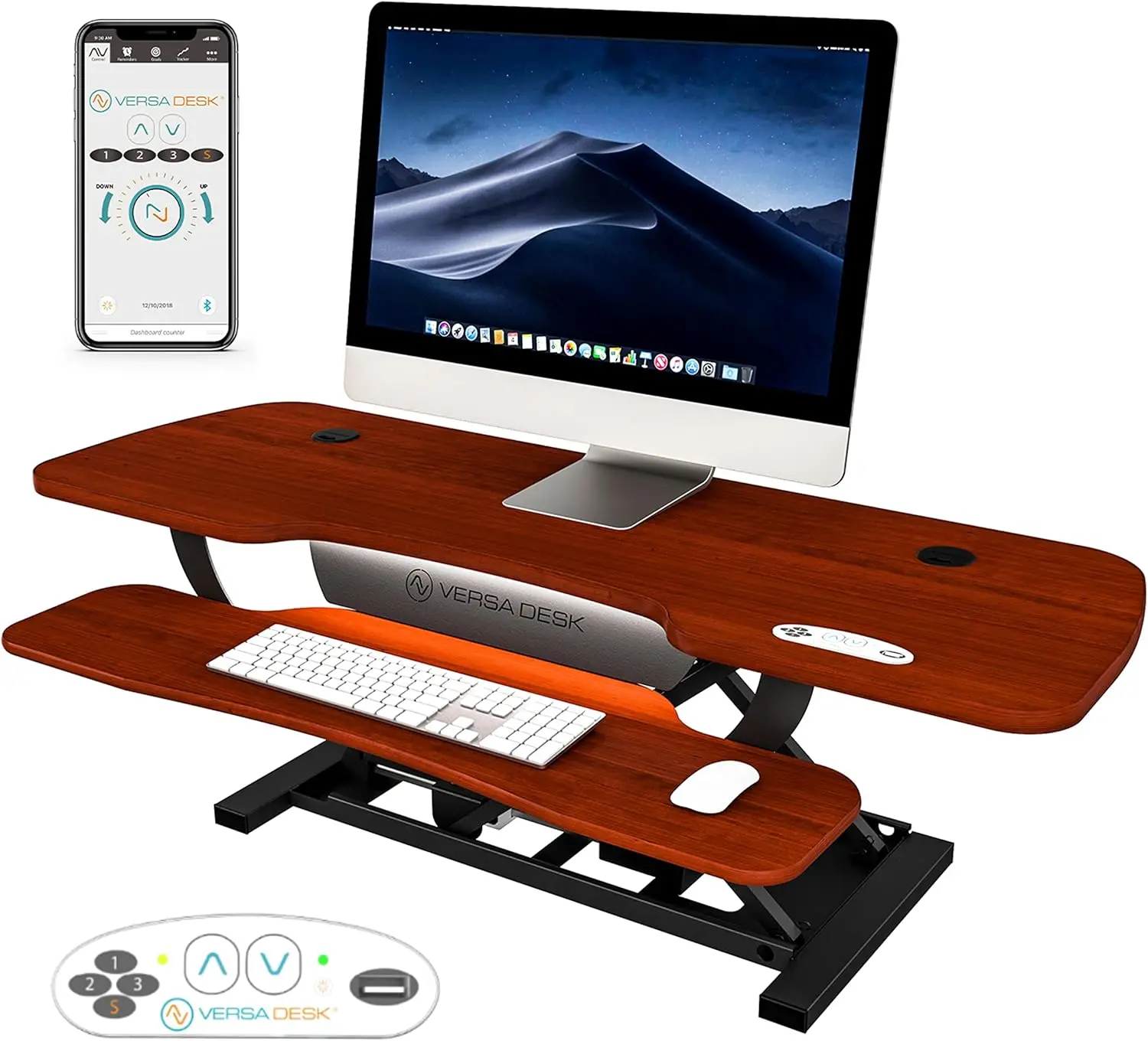 48” x 24” Standing Desk Converter, electric height adjustable sit-to-stand riser with keyboard tray & USB hub, cherry finish.