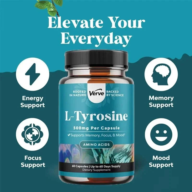 500mg Vegetarian Capsules of L-tyrosine - High Strength L-tyrosine Supplement Focus Supplement 60 Capsules