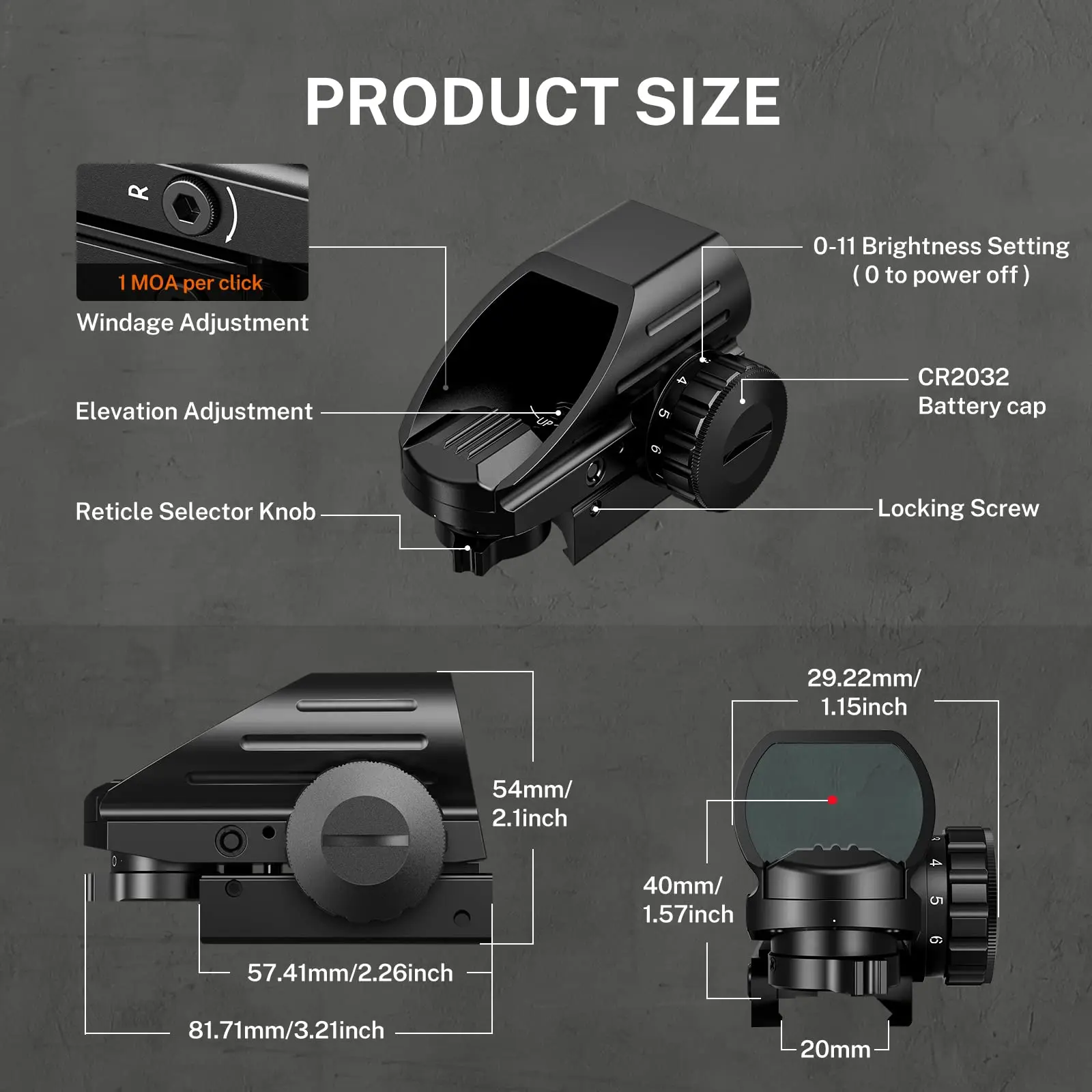 Riflescope Wide View Scope Hunting Reflex Sight 11 Level Brightness Unlimited Eye Relief with 4 Reticles Red Dot 20MM