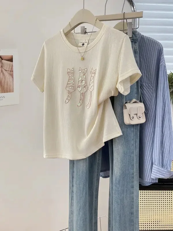 Korean Style Simple Three Cats Embroidery Short Sleeve round Neck T-Shirt Women's Casual Atmosphere Top Breathable Cotton Sum...