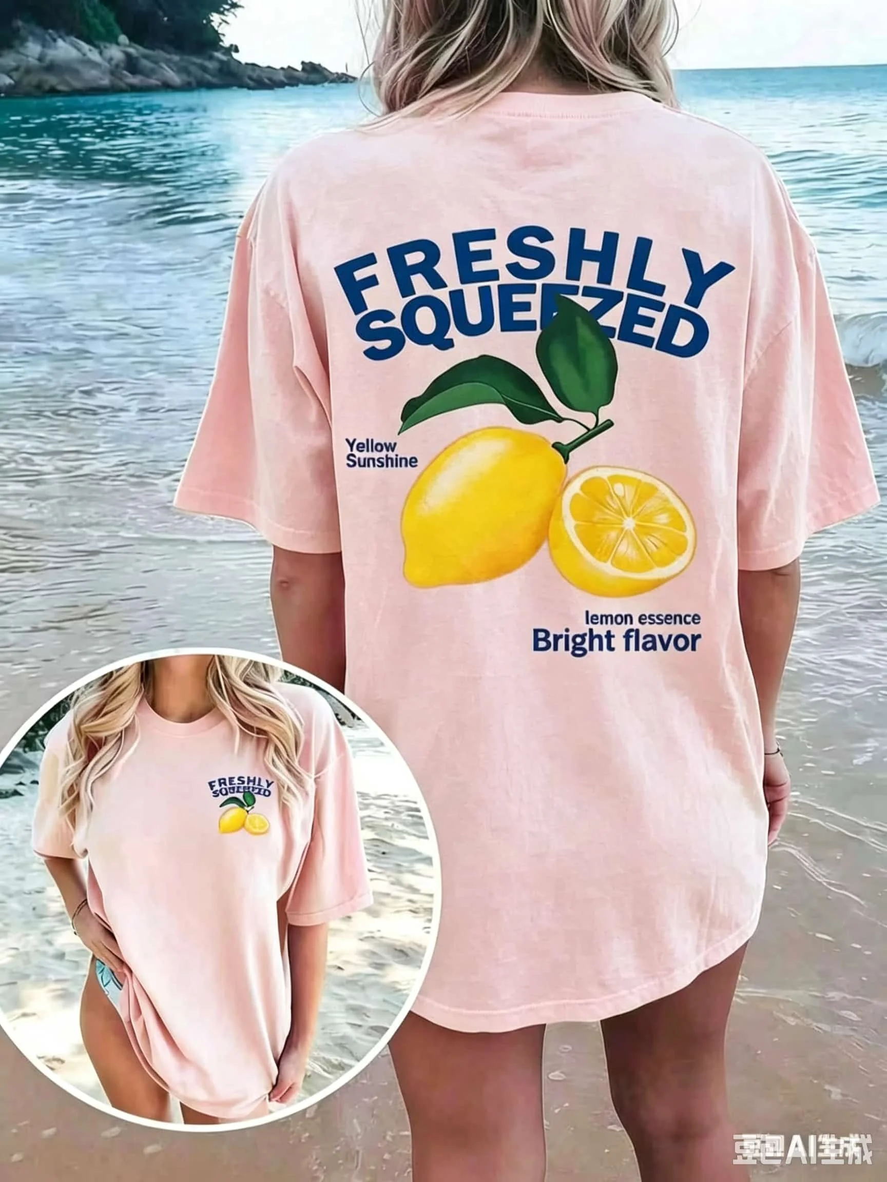 Retro Freshly Squeezed Lemon Print Women T-Shirt Summer Casual Double Sided Fruit Graphic Loose Tee Harajuku Woman Clothing Tops
